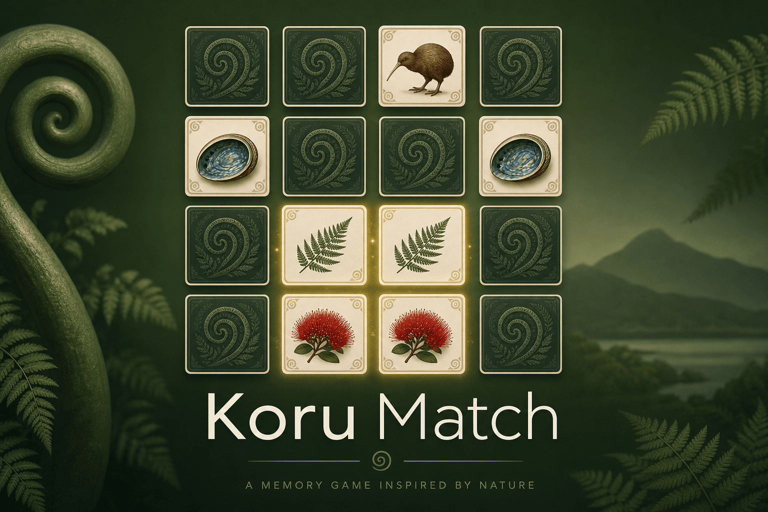 Koru Match — a memory card flip game with NZ nature symbols
